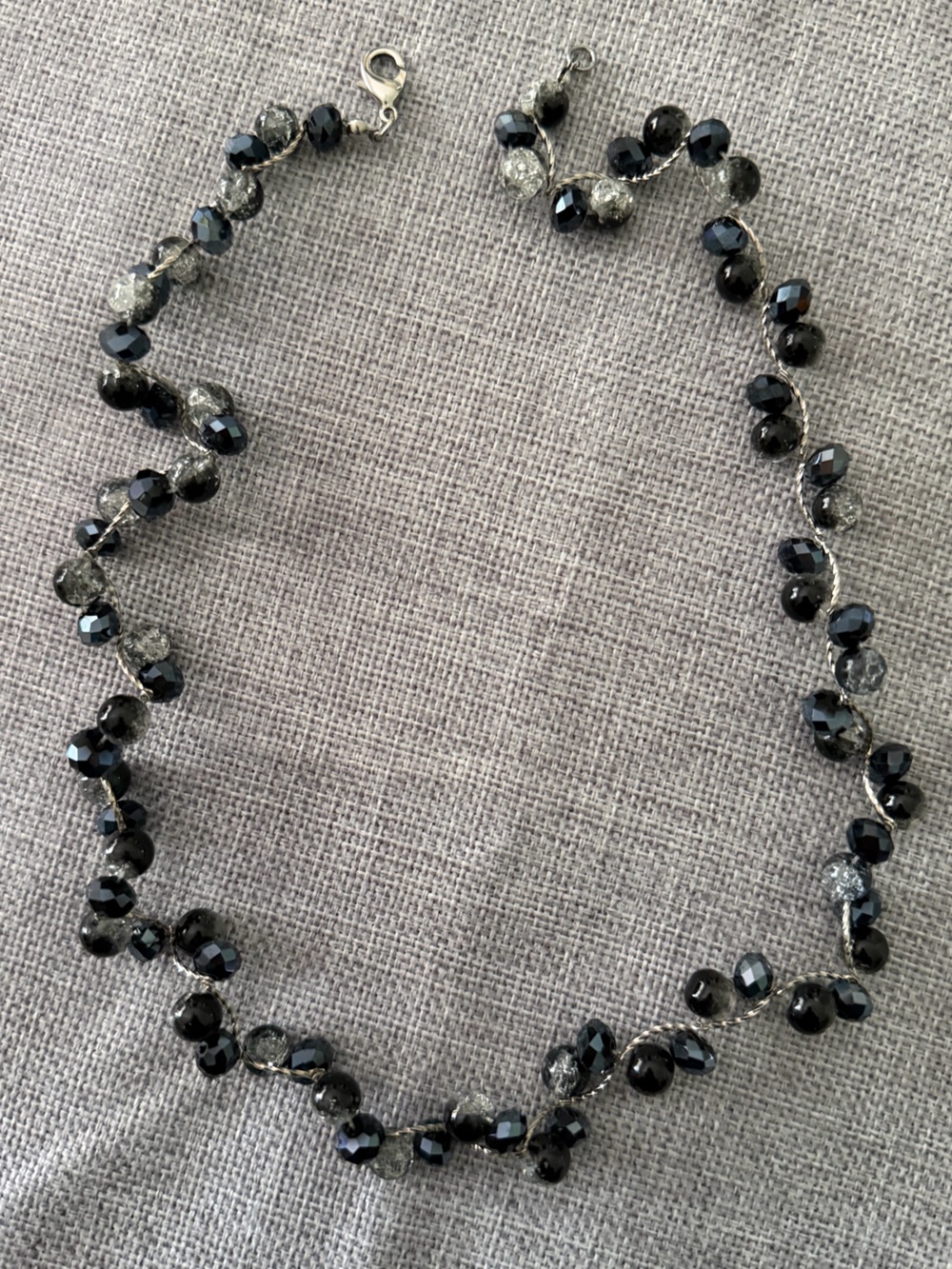 Black & Silver Beaded Necklace with Gray Crackle Glass Accents | Artisan Style |